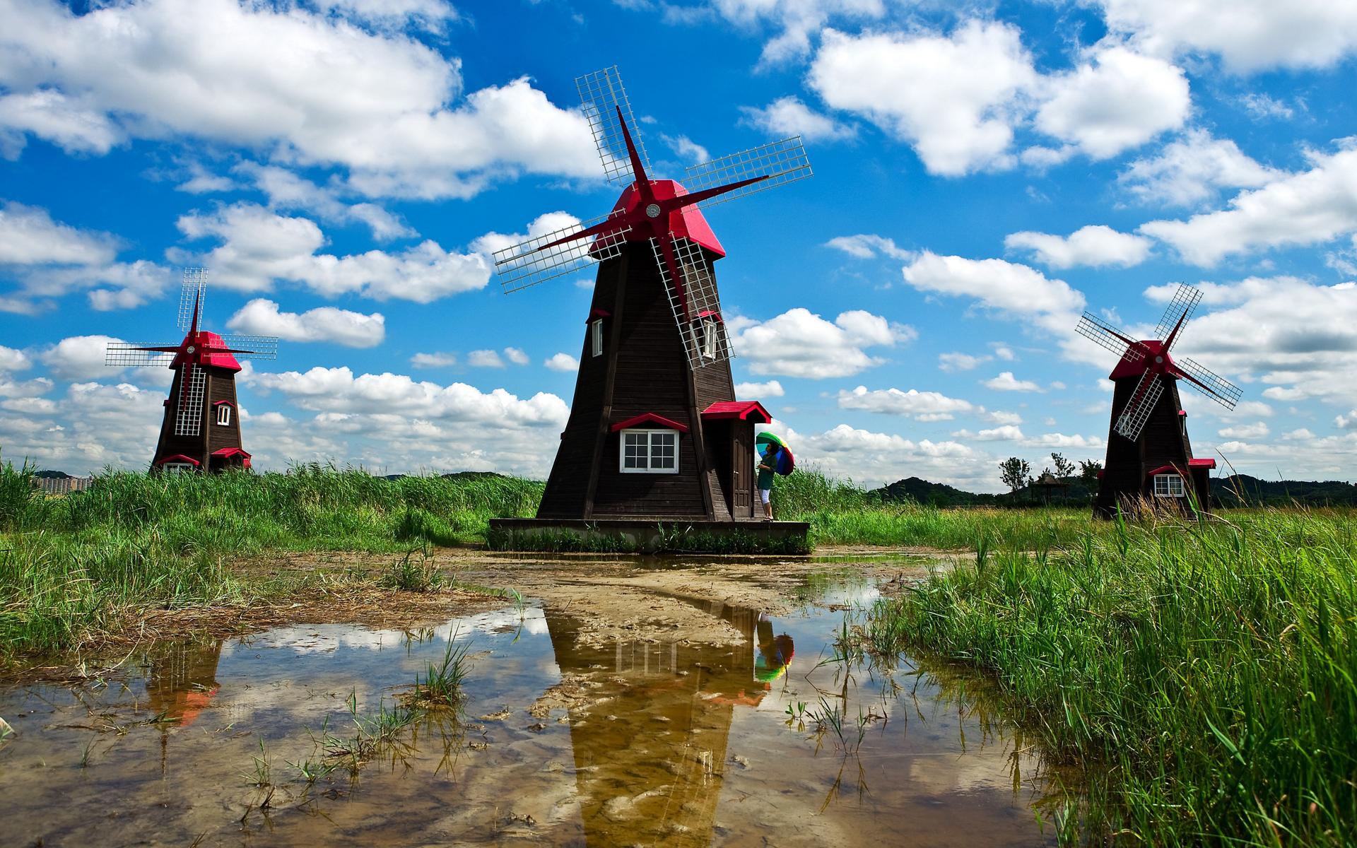 高清漂亮的荷兰风车风景图片电脑壁纸-壁纸图片大全