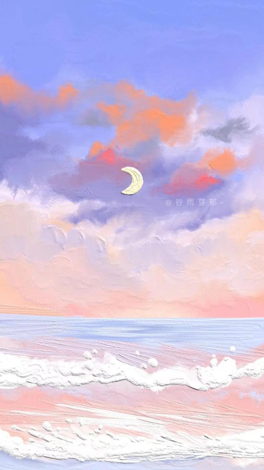 浪漫唯美梦幻蓝天白云云朵手绘插画流星手机壁纸-比格设计