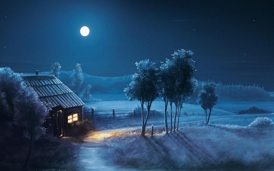 林边的小屋夜晚唯美风景壁纸