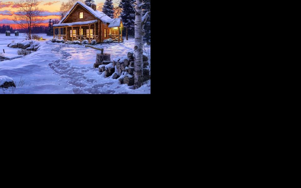 冬天雪地里的小房子唯美桌面壁纸