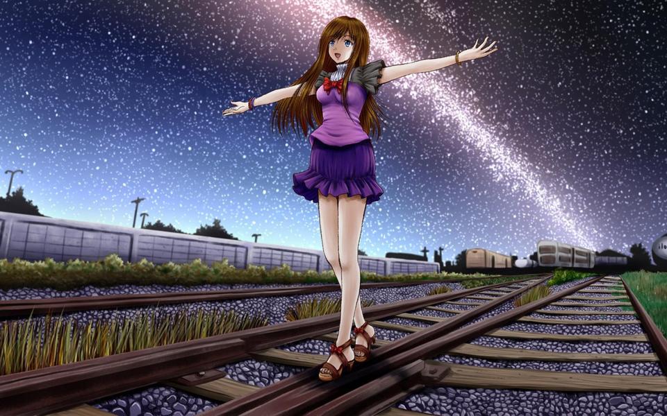 铁轨上行走的小女孩动漫风景桌面壁纸
