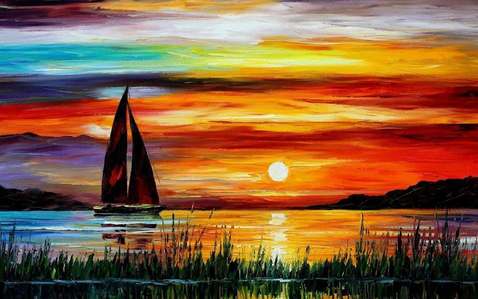 夕阳大海行使的帆船高清油画壁纸