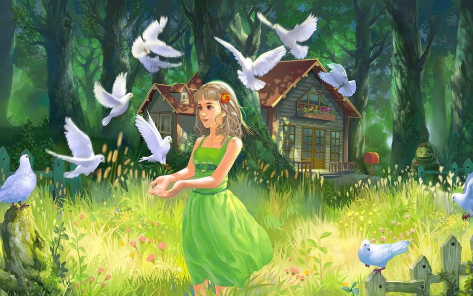 美丽的森林小女孩和白鸽动漫风景壁纸