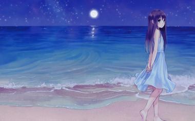 夜晚海边散步的卡通女孩桌面壁纸