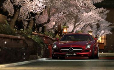 樱花树下的红色汽车壁纸