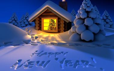 雪山上的小屋新年快乐桌面壁纸