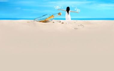 沙滩漂流瓶小女孩背影桌面壁纸