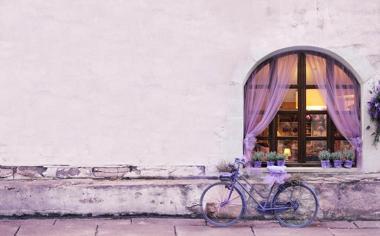 漂亮的小店窗外的单车、盆花唯美壁纸