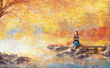秋天小河边的女孩绘画唯美桌面壁纸