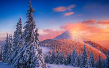 落日雪山，披滿雪的樹木桌面壁紙